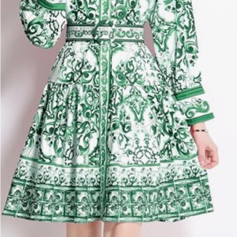 Green and White Printed A-Line Women's Dress